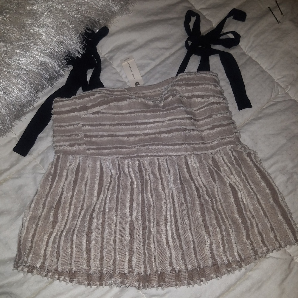 🍄Anthropologie Taupe Top with Black Ties